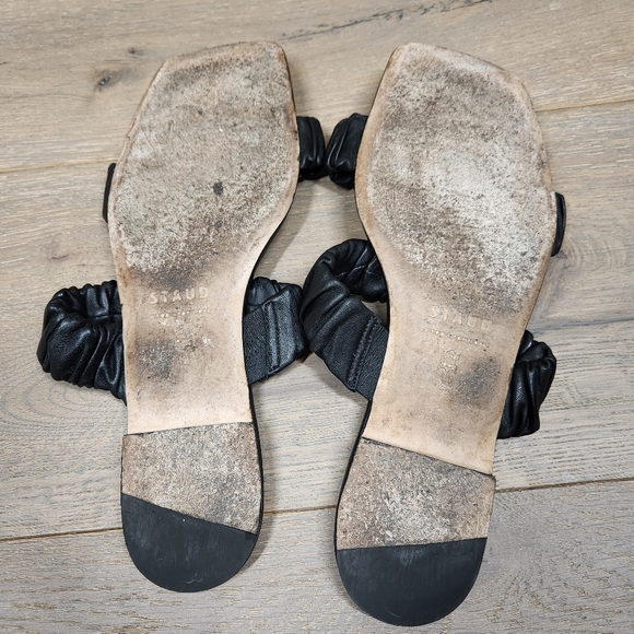 STAUD Maya Black Ruched Leather Slide Strappy Sandals - Picture 13 of 15